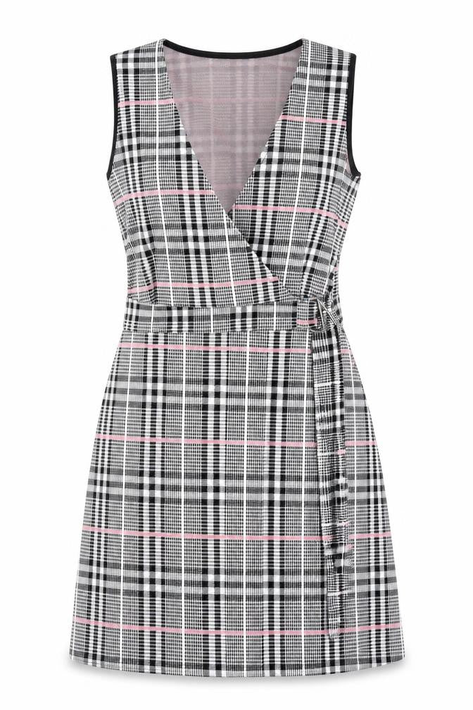 Front view of Quiz women’s black plaid polyester a-line, size UK 6, v-neck pullover