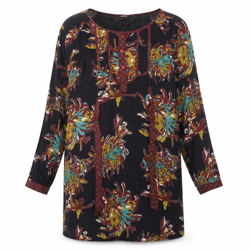 Front view of Individual women’s black geometric viscose shift, size M, round neck button