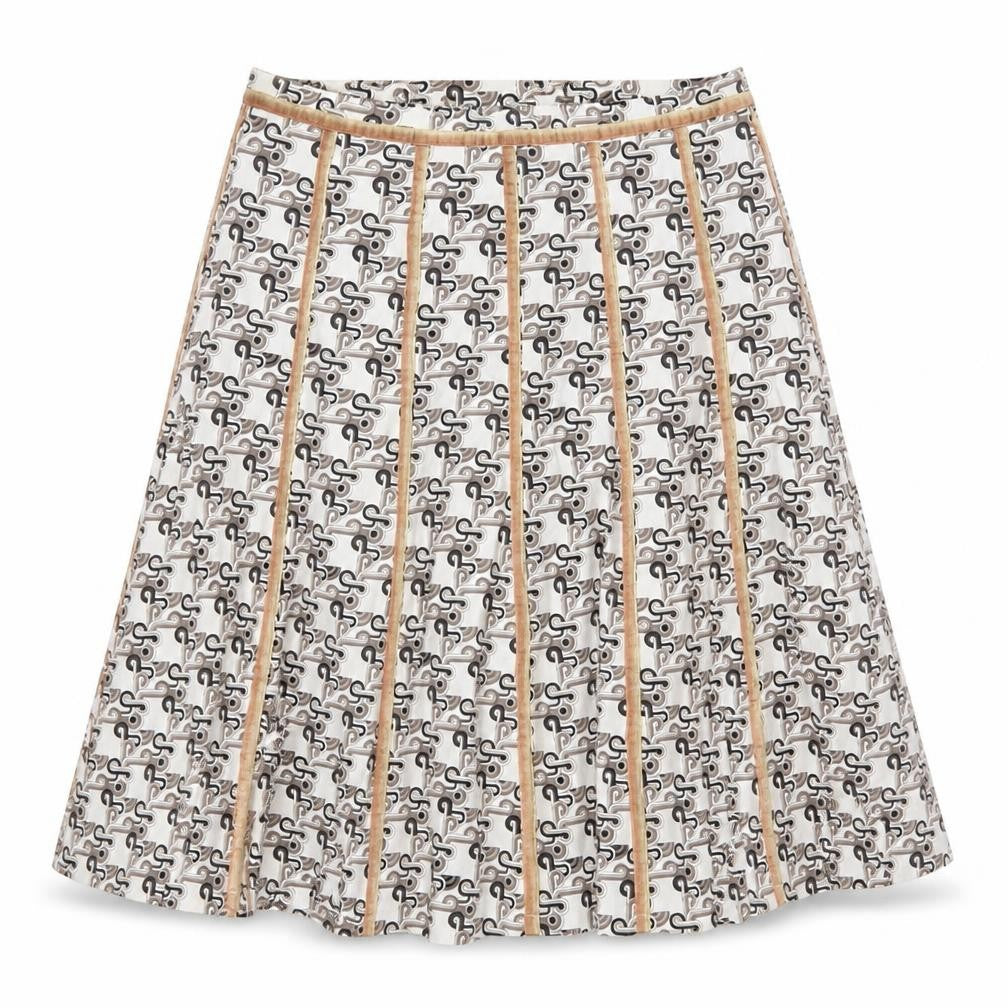 Front view of Barbara Initials women’s white geometric polyester swing skirt, size M, zip