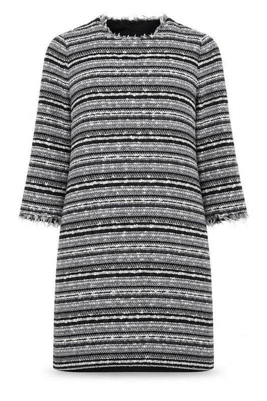 Front view of Mango women’s grey striped acrylic sheath, size XS, round neck zip