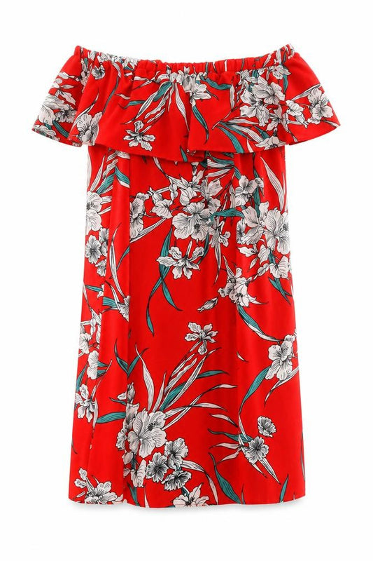Front view of F&F women’s red floral polyester shift, size UK 10, off the shoulder pullover