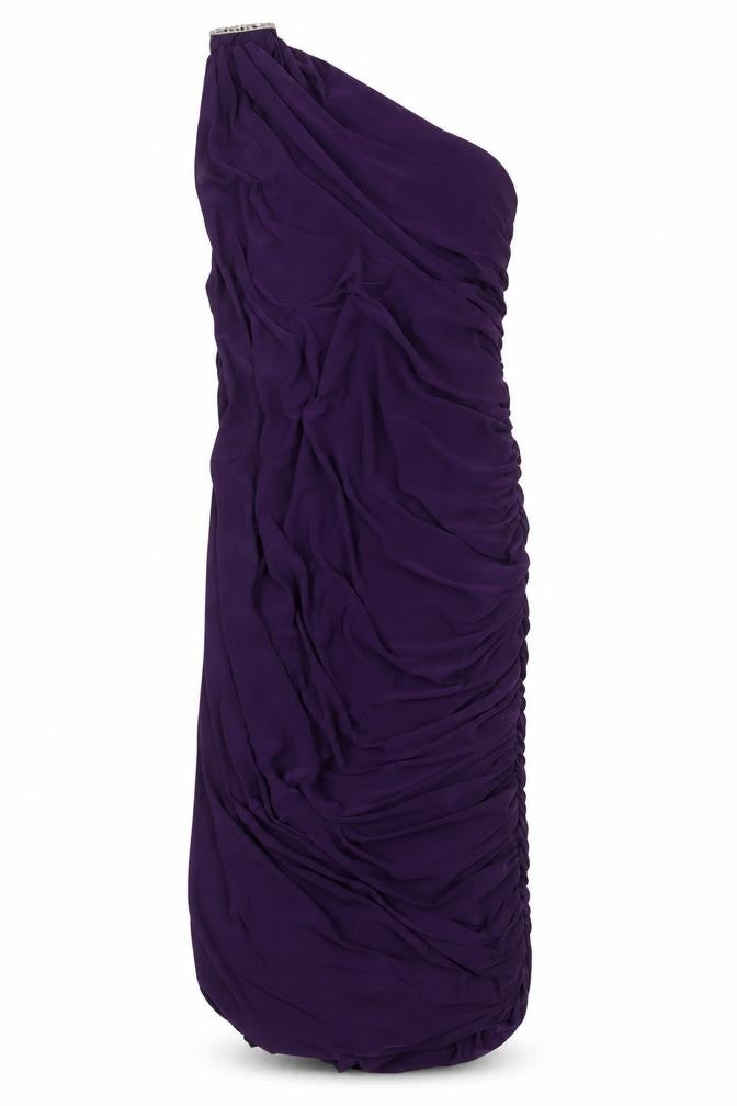 Front view of Blue Banana women’s purple polyester sheath, size UK 14, one shoulder pullover