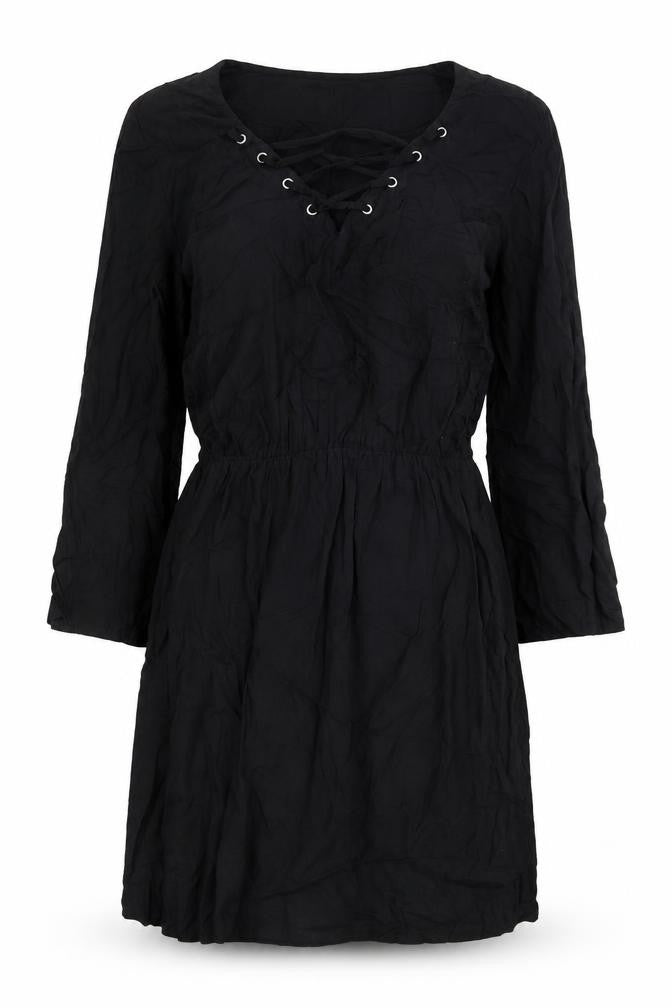 Front view of H&M women’s black viscose a-line, size UK 8, v-neck pullover - lace up detail