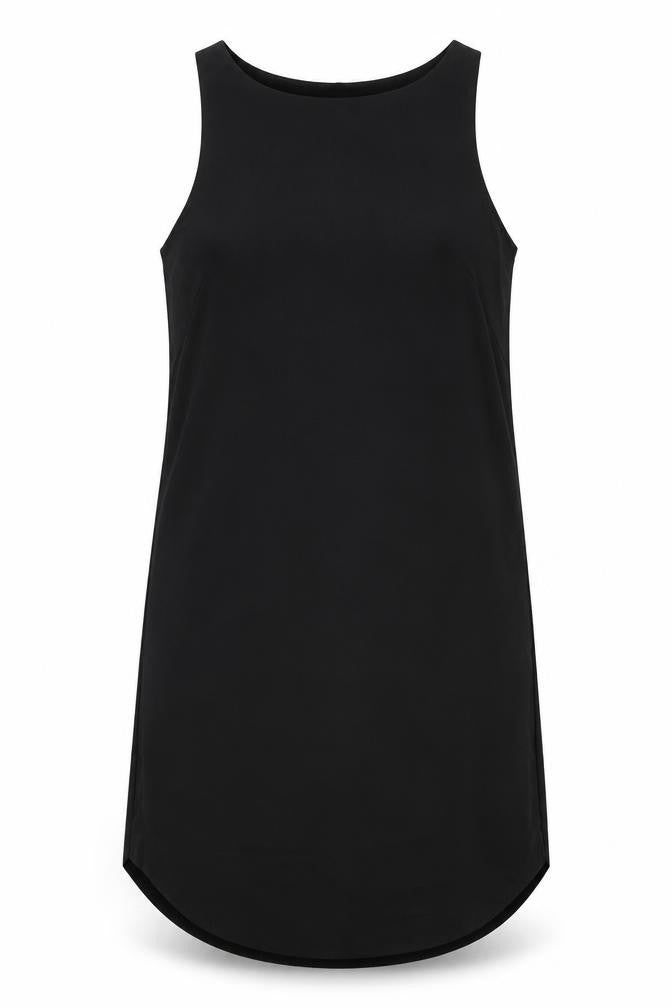 Front view of H&M women’s black polyester tank dress, size UK 6, boat neck pullover