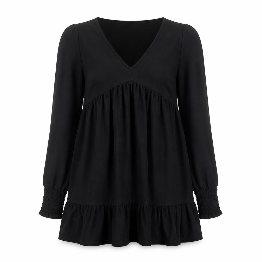 Front view of Miss Selfridge women’s black polyester mini, size UK 10, v-neck pullover