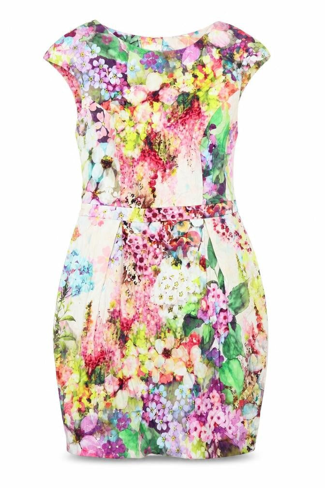 Front view of River Island women’s multicoloured floral cotton sheath, size UK 8, round neck zip