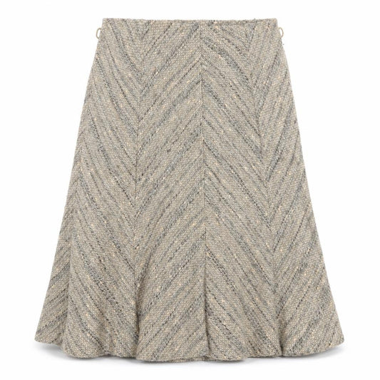 Front view of Marks & Spencer women’s beige geometric polyester swing skirt, size UK 12, zip