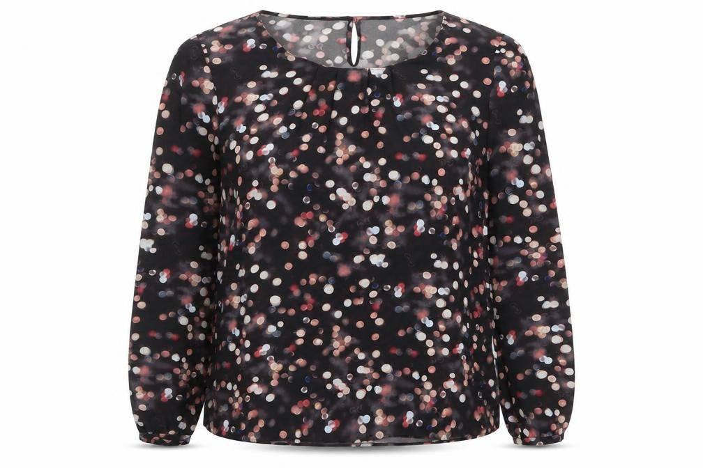 Front view of Taifun women’s black polka dot polyester basic blouse, size XL, boat neck
