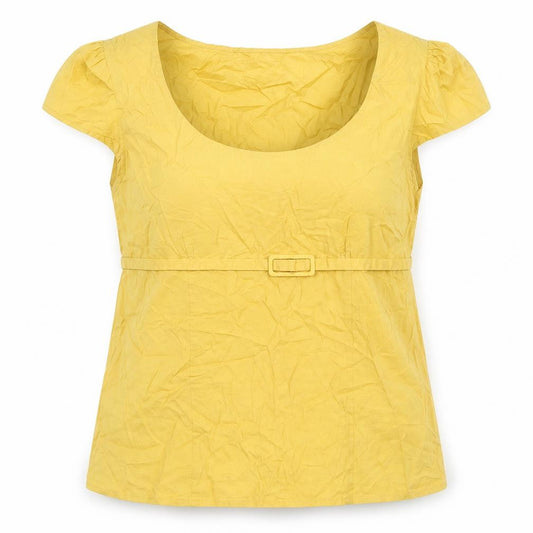 Front view of MK women’s yellow cotton basic blouse, size UK 18, scoop neck