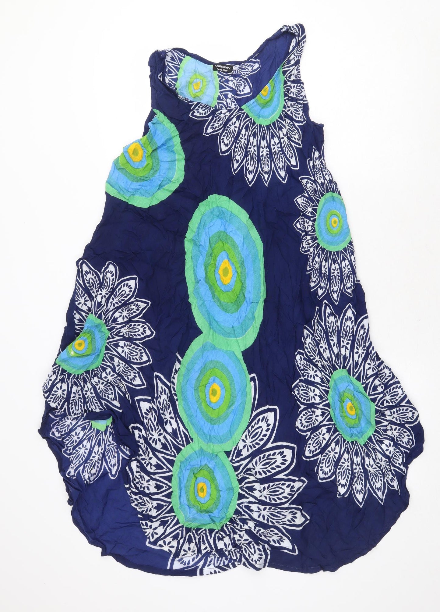 Corte Hindu Womens Blue Geometric Polyester Tank Dress One Size Boat Neck Pullover