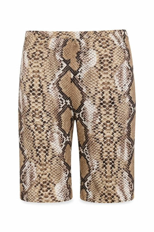 Front view of PRETTYLITTLETHING women’s brown animal print polyester compression shorts, regular pull on - snakeskin pattern