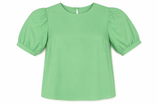 Front view of Preworn women’s green polyester basic blouse, size UK 14, round neck