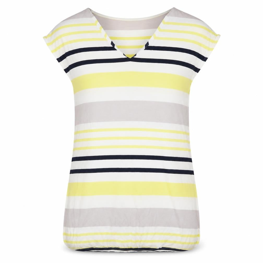 Front view of Next women’s multicoloured striped viscose a-line, size UK 6, v-neck pullover