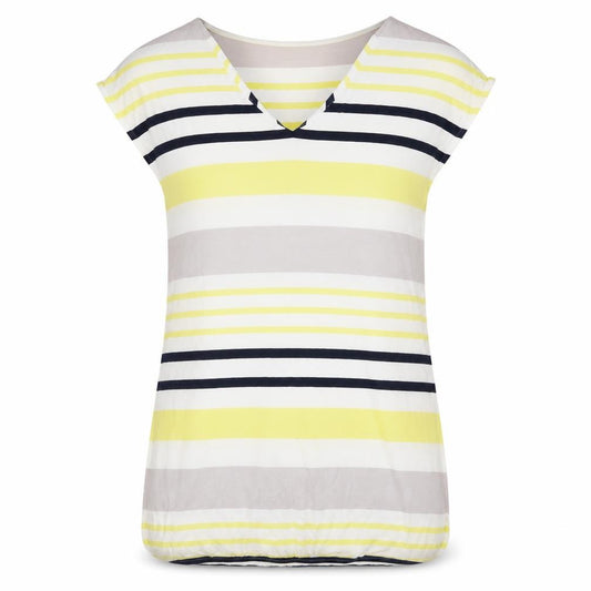 Front view of Next women’s multicoloured striped viscose a-line, size UK 6, v-neck pullover