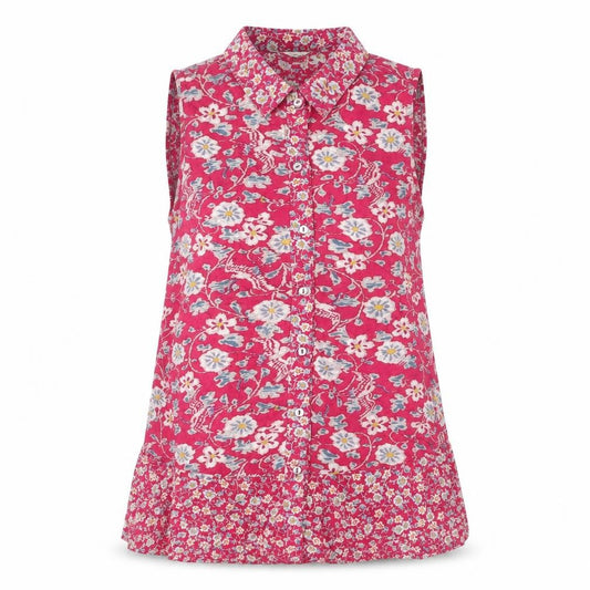 Front view of Monsoon women’s pink floral viscose basic button-up, size UK 8, collared
