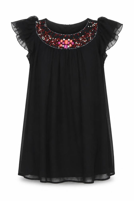 Front view of Oli women’s black polyester a-line, size UK 14, boat neck zip - embellished neckline