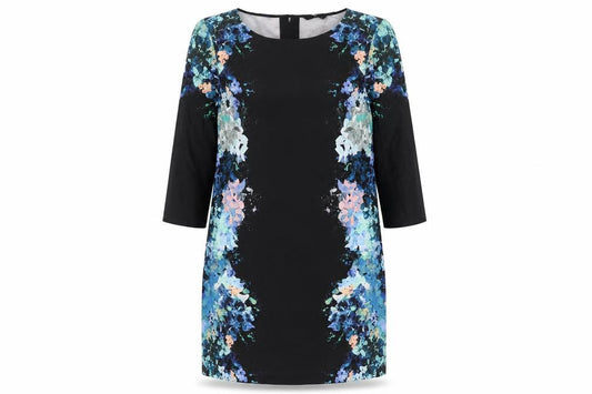 Front view of H&M women’s black polyester shift, size UK 10, round neck button