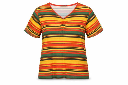 Front view of Fashion Clothing Line women’s multicoloured striped viscose basic t-shirt, size XL, v-neck