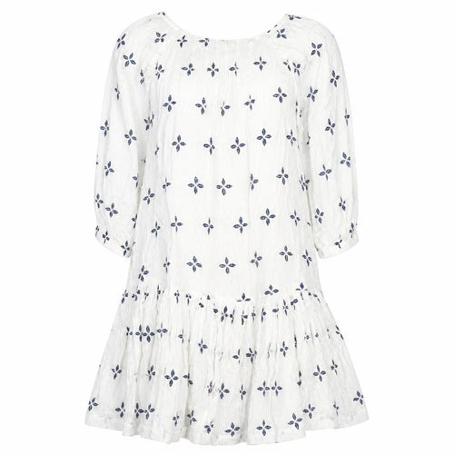 NEXT Womens White Geometric 100% Cotton Fit & Flare Size 8 Scoop Neck Pullover - Peplum