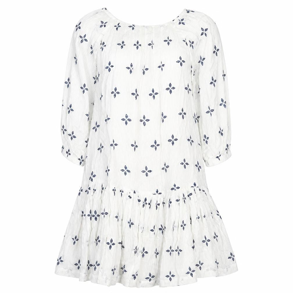 NEXT Womens White Geometric 100% Cotton Fit & Flare Size 8 Scoop Neck Pullover - Peplum