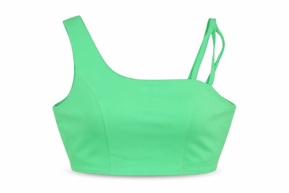 Front view of Extro&vert women’s green polyester cropped tank, size UK 10, square neck