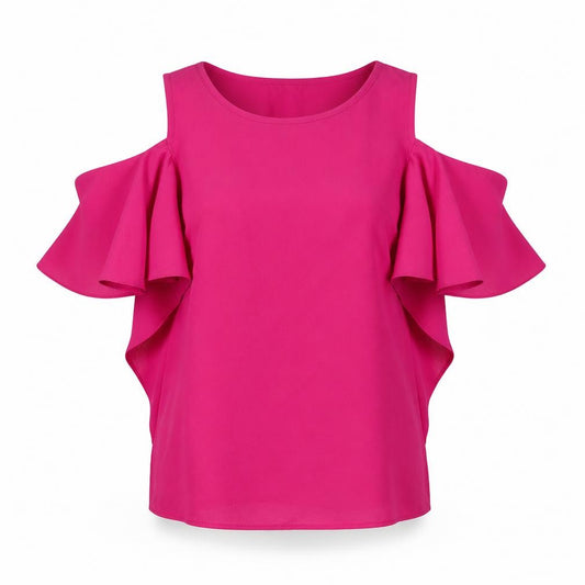 Front view of Atmosphere women’s pink polyester basic button-up, size UK 8, round neck