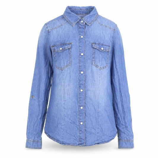 Front view of CI SONO women’s blue 100% cotton basic button-up, size M, collared