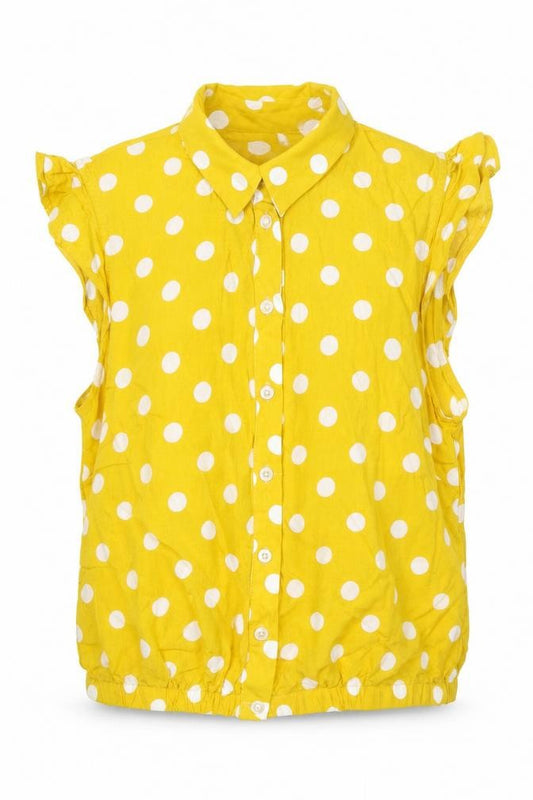 Front view of Oasis women’s yellow polka dot viscose basic button-up, size UK 8, collared