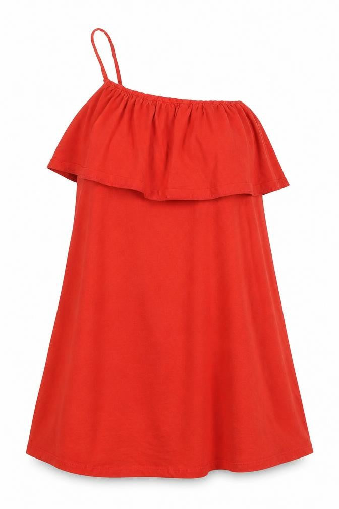 Front view of ASOS women’s red 100% cotton trapeze & swing, size UK 10, one shoulder pullover