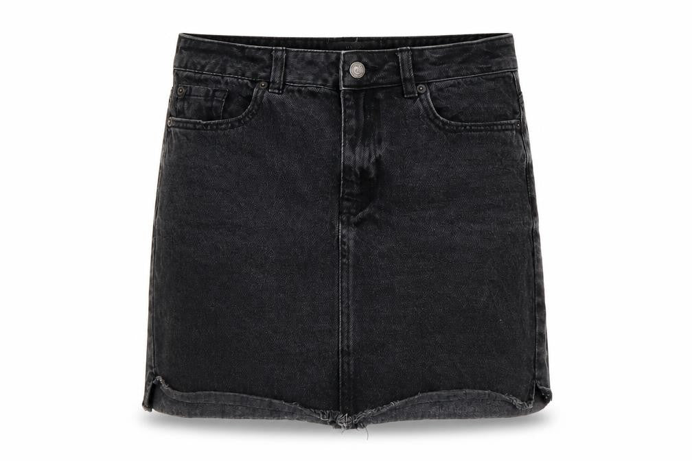 Front view of New Look women’s grey cotton mini skirt, size UK 10, button