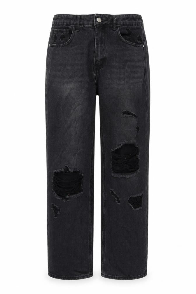Front view of SHEIN women’s grey cotton straight jeans, size M, 30-inch leg regular button