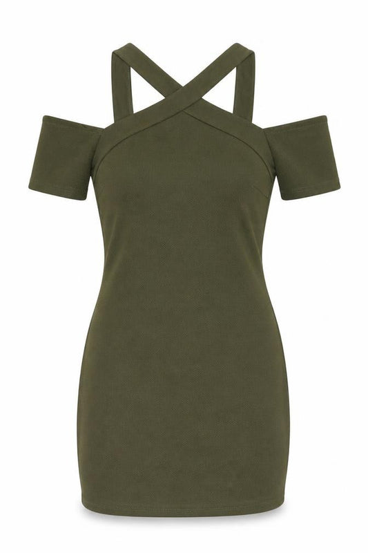 Front view of Miss Selfridge women’s green polyester bodycon, size UK 12, v-neck pullover