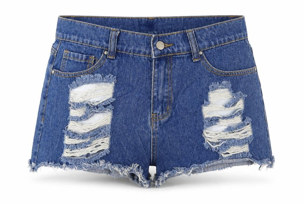 Front view of PRETTYLITTLETHING women’s blue cotton cut-off shorts, size UK 10, regular button
