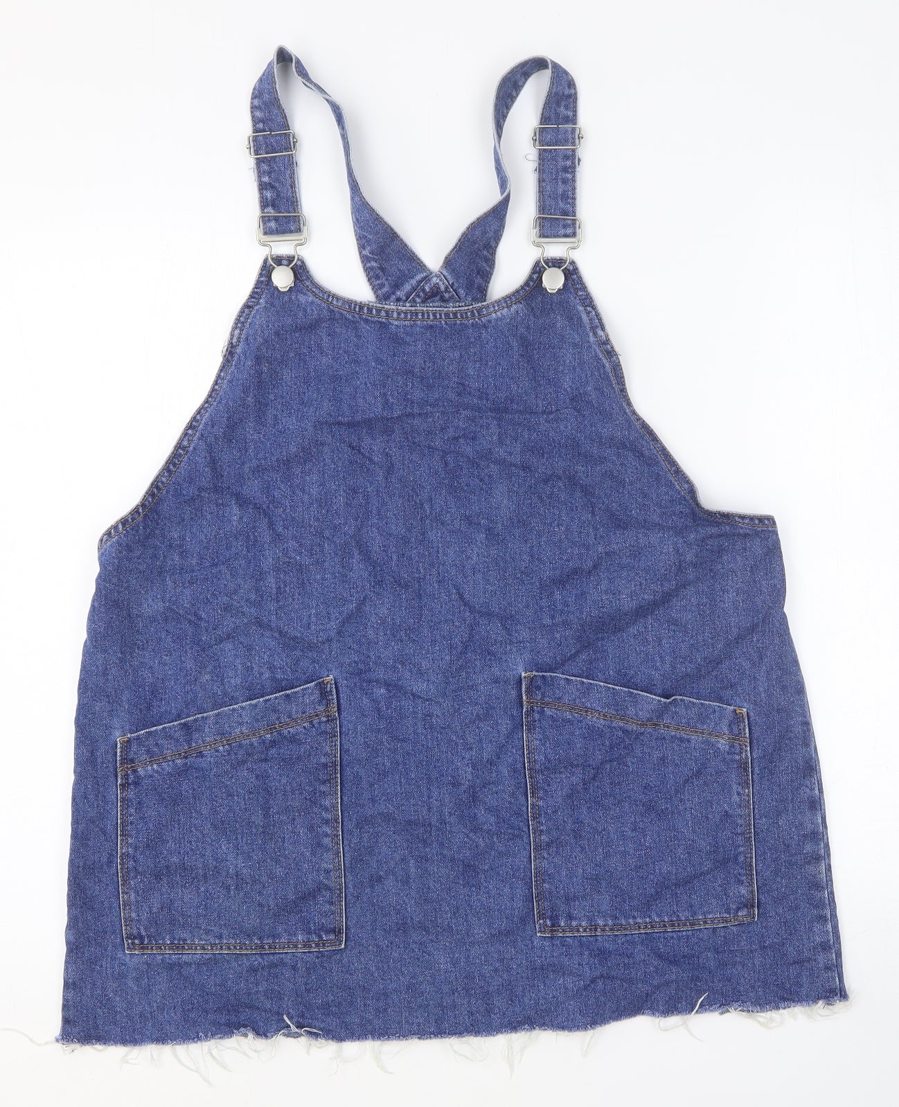 TU Womens Blue Cotton Pinafore/Dungaree Dress Size 16 Scoop Neck Buckle - Pockets Distressed Hem