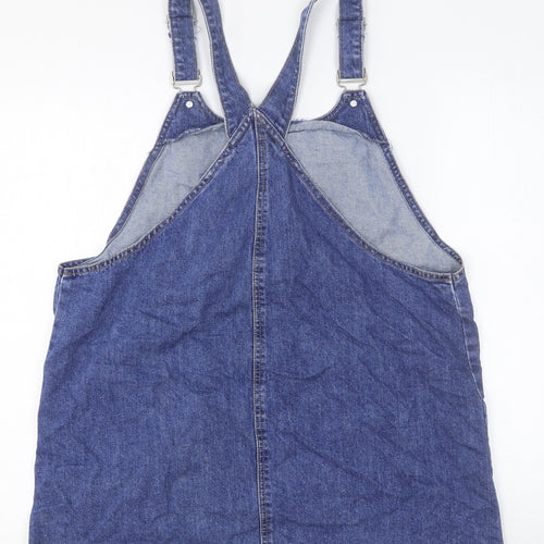 TU Womens Blue Cotton Pinafore/Dungaree Dress Size 16 Scoop Neck Buckle - Pockets Distressed Hem