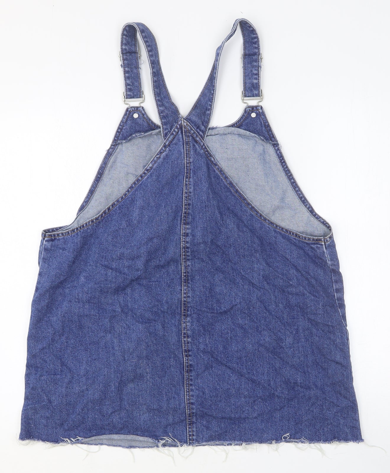 TU Womens Blue Cotton Pinafore/Dungaree Dress Size 16 Scoop Neck Buckle - Pockets Distressed Hem