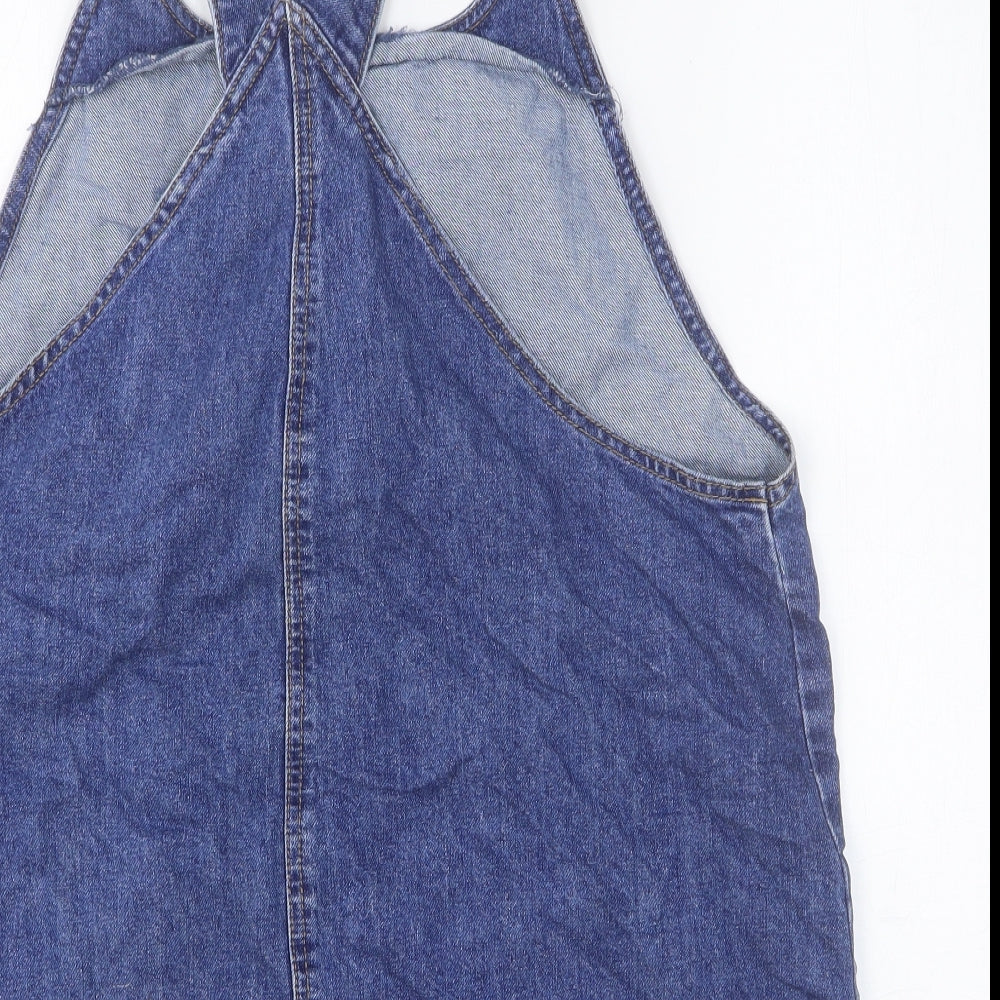 TU Womens Blue Cotton Pinafore/Dungaree Dress Size 16 Scoop Neck Buckle - Pockets Distressed Hem