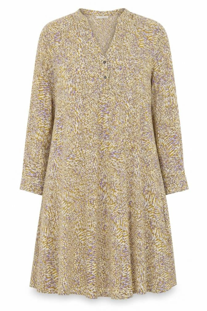 Front view of Milano women’s yellow geometric viscose a-line, size UK 10, v-neck button