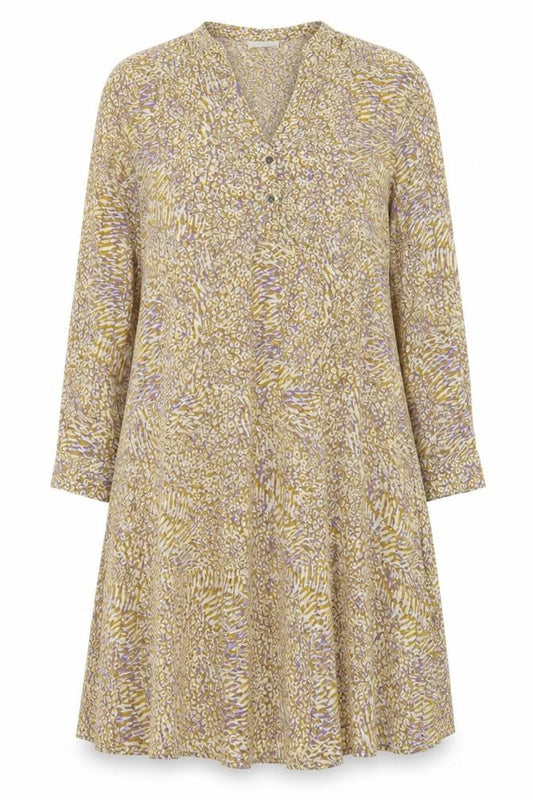 Front view of Milano women’s yellow geometric viscose a-line, size UK 10, v-neck button