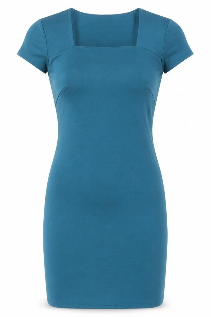 Front view of Love women’s green viscose bodycon, size S, square neck pullover