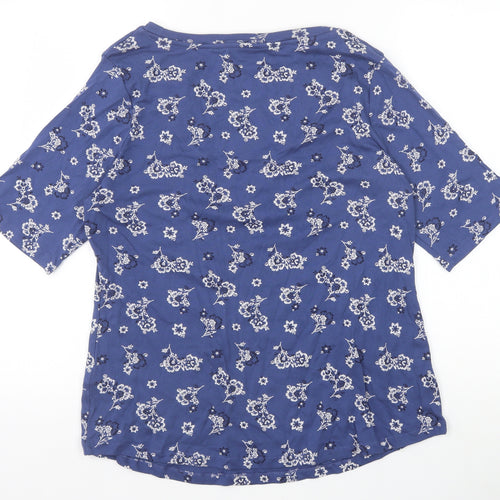 Marks and Spencer Womens Blue Floral 100% Cotton Basic T-Shirt Size 20 Scoop Neck