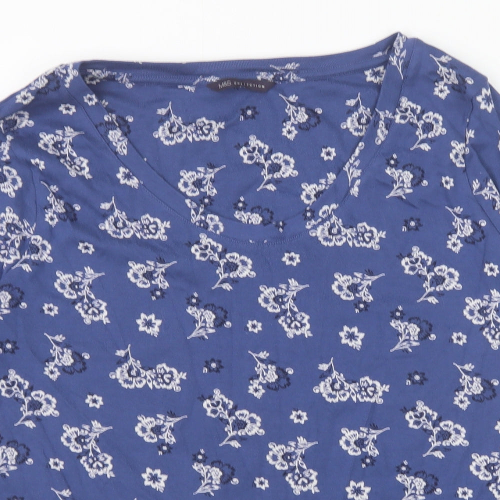 Marks and Spencer Womens Blue Floral 100% Cotton Basic T-Shirt Size 20 Scoop Neck
