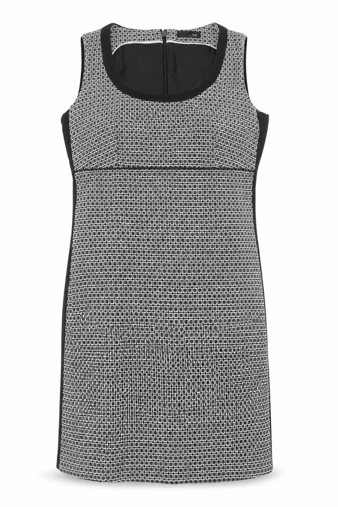 Front view of Next women’s black geometric viscose shift, size UK 12, scoop neck zip