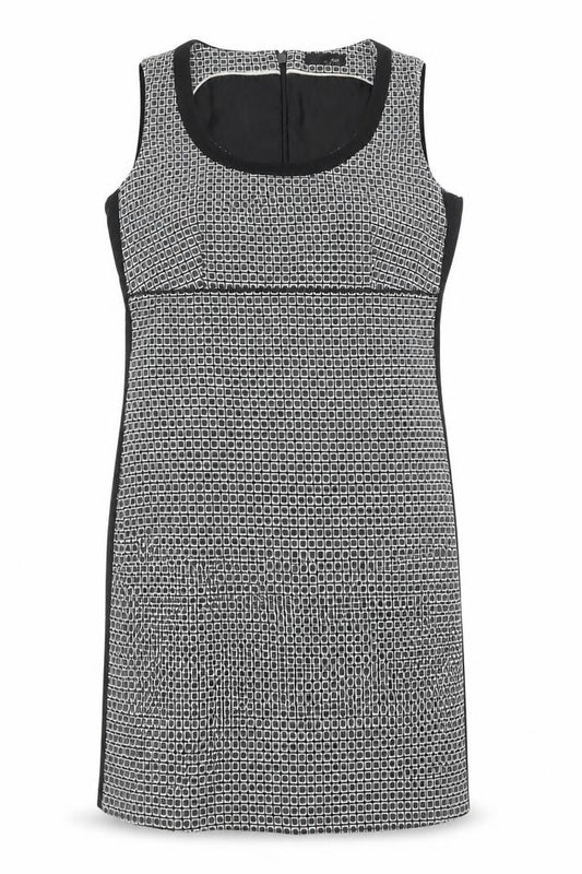 Front view of Next women’s black geometric viscose shift, size UK 12, scoop neck zip