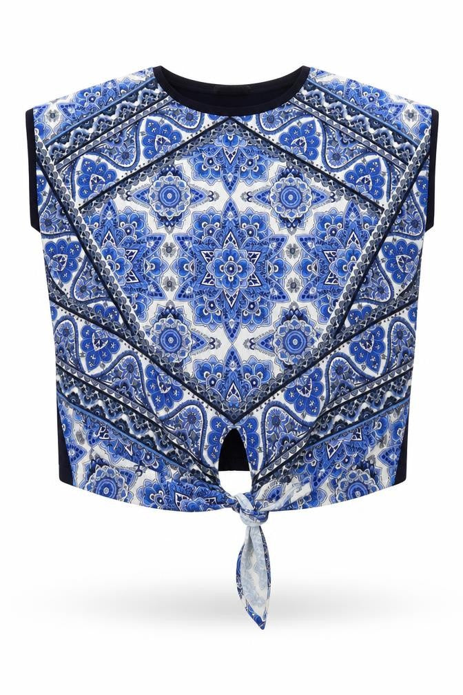 Front view of Oasis women’s blue geometric viscose basic blouse, size M, round neck - knot front