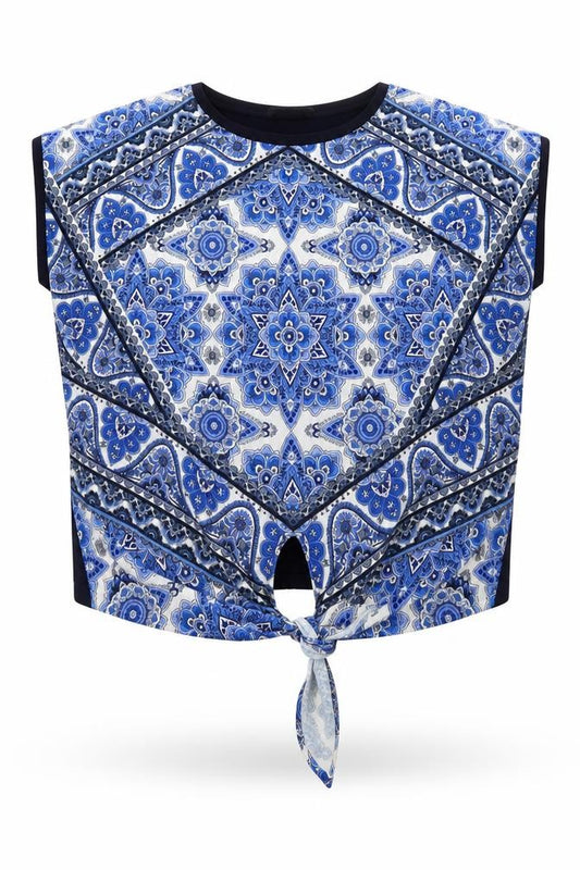 Front view of Oasis women’s blue geometric viscose basic blouse, size M, round neck - knot front