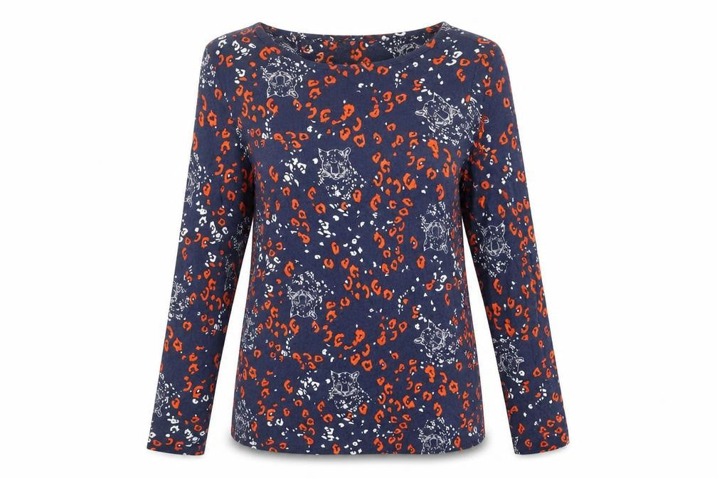 TU Womens Blue Animal Print Modal Basic T-Shirt Size 8 Boat Neck - Leopard Print