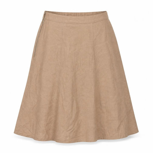 Front view of Preworn women’s brown polyester swing skirt, size UK 26, in zip