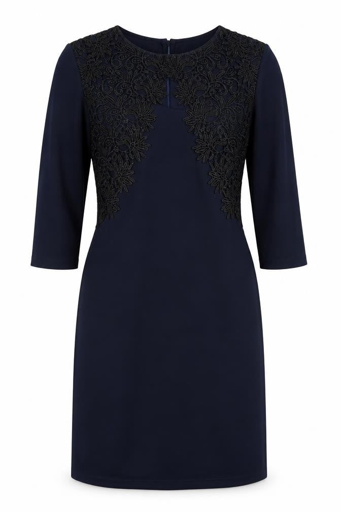 Front view of women’s blue polyester sheath, size M, round neck zip