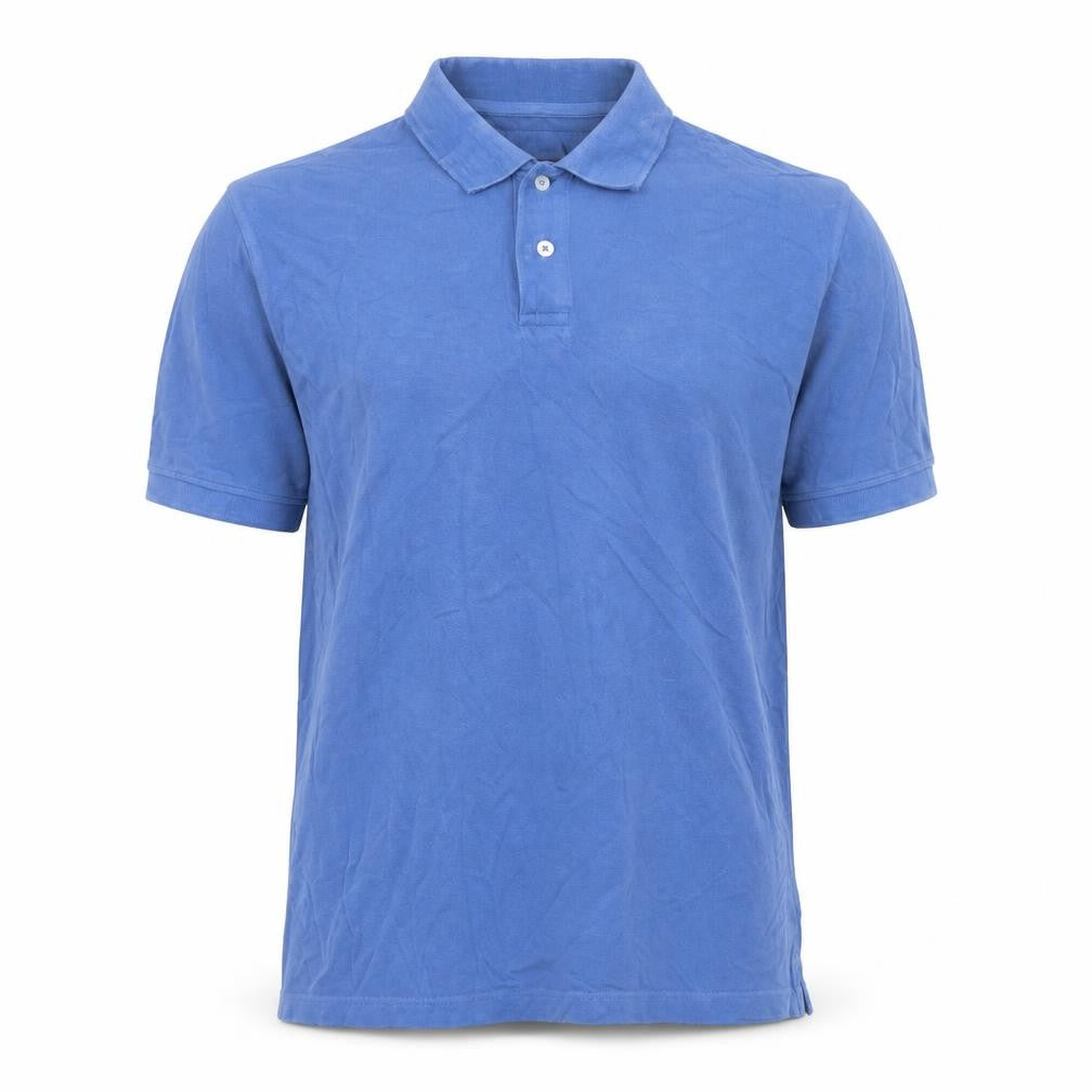 Front view of Brook Taverner men’s blue cotton polo, size M, collared button